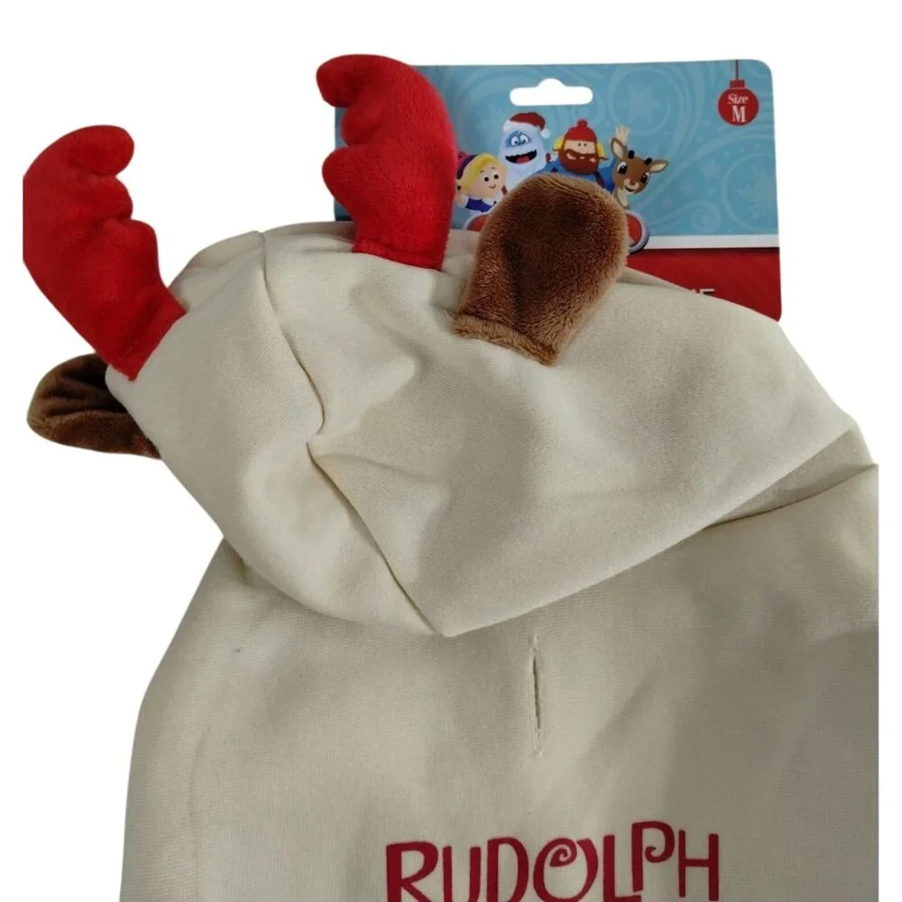 Rudolph The Red-Nosed Reindeer Dog Size M Beige Hoodie With Reindeer Antlers
